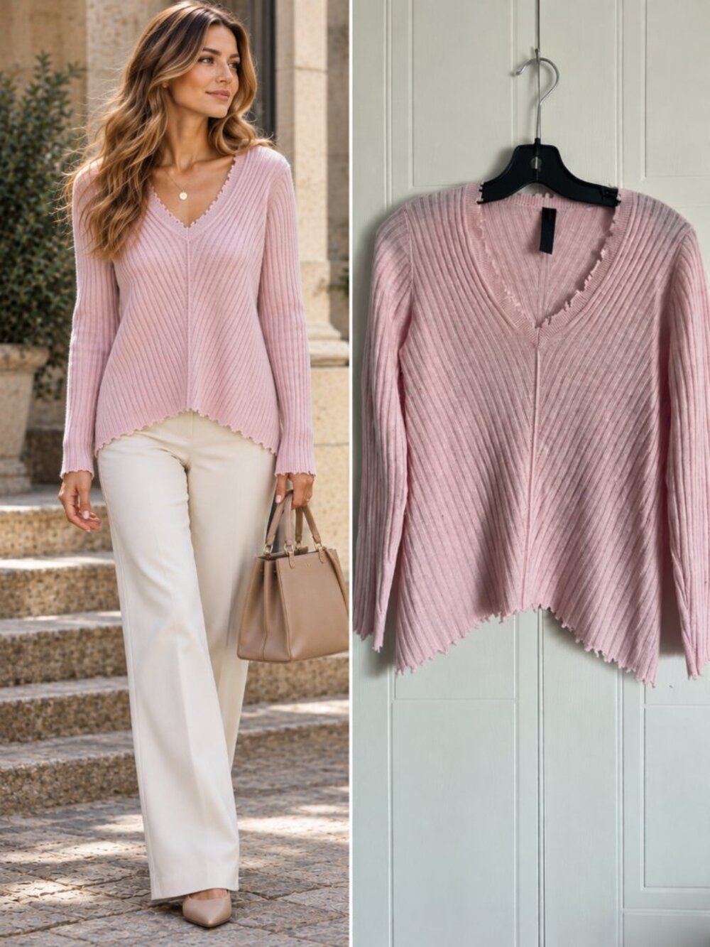 Marc Cain Blush Pink Cashmere Ribbed V Neck Sweater Asymmetric Quiet Luxury N2